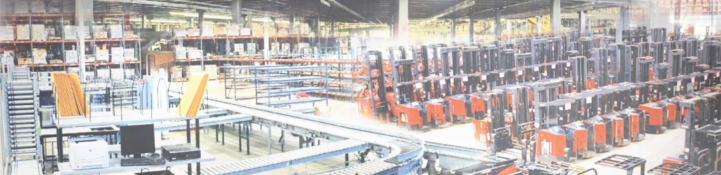 Collage of a conveyor system, a warehouse floor full of red Raymond forklifts, and warehouse racking filled with crates and boxes.
