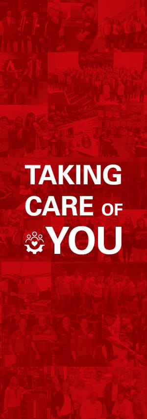 Collage of employee photos in red. "Taking Care of You" in white is overlayed. 